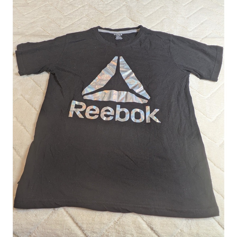 Reebok Boys Black Silver Holographic Logo Graphic T-Shirt XL 14/16 REB221TE10